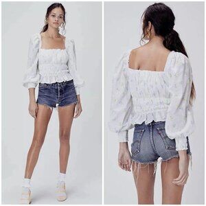 💕FOR LOVE & LEMONS💕 Azalea Smocked Cropped Top ~ White FLoral Print Medium